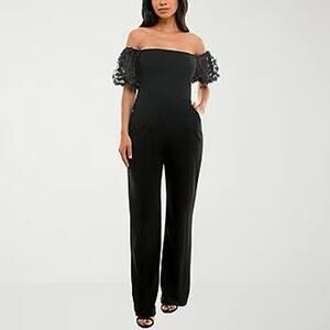 Premier Amour Size 8 Black Off The Shoulder Square Neck Short Sleeve Jumpsuit